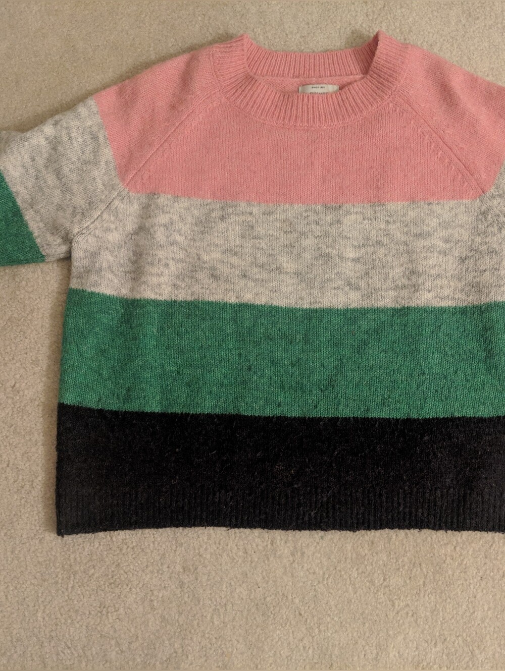 Wool Knit Striped Crewneck Sweater in Pink, Cream, Green, and Black
